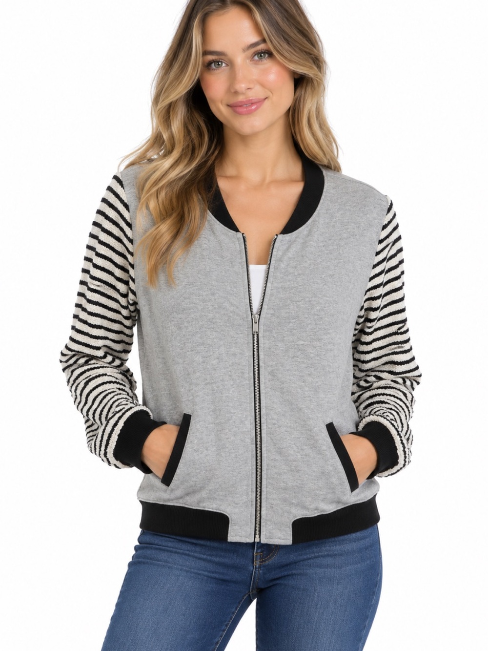 Old Navy Gray Bomber Jacket with Black Trim and Striped Sleeves
